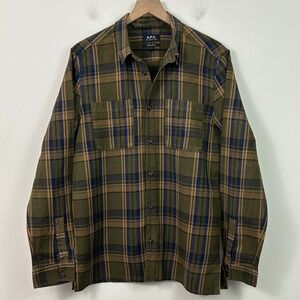 APC Mens Olive Green Plaid Cotton Linen Button Down Shirt Size Large
